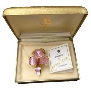Cerrito Pink Orchid Flower Brooch Pin Gold Tone Vintage 1982 Signed Original Box